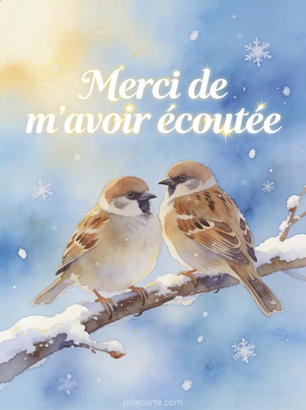 Texte Merci de m'avoir écoutée en lettres blanches délicates avec deux moineaux posés côte à côte sur une branche enneigée sous un ciel hivernal bleu clair style aquarelle