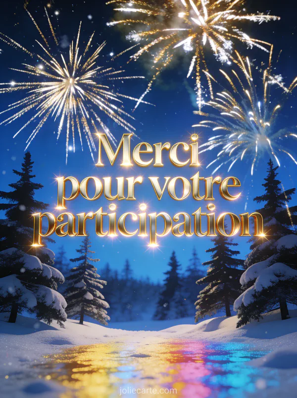 Texte Merci pour votre participation en lettres dorées festives avec un feu d'artifice doré et argenté dans un ciel hivernal bleu nuit au-dessus de sapins enneigés