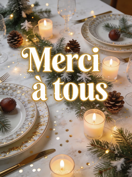 Texte Merci à tous en lettres blanches et dorées chaleureuses avec une table de fête vue de dessus décorée de bougies allumées, branches de sapin et pommes de pin