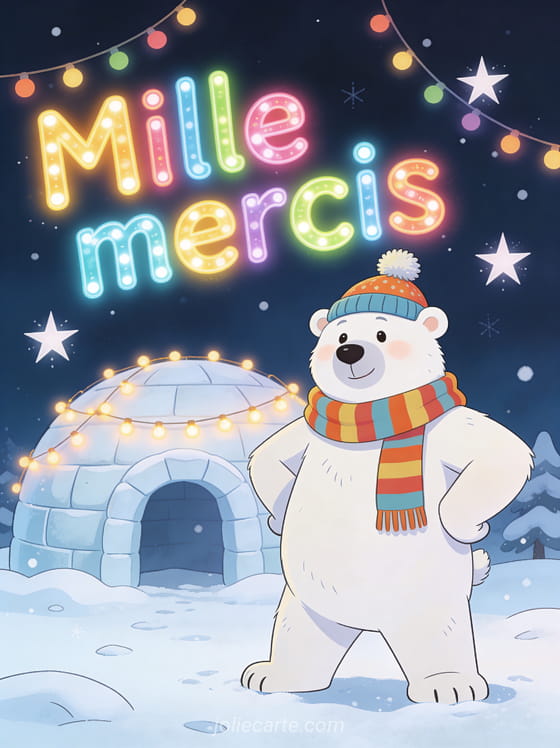 Texte Mille mercis en lettres colorées joyeuses avec un ours polaire portant bonnet à pompon et écharpe à rayures posant fièrement dans la neige devant un igloo illuminé