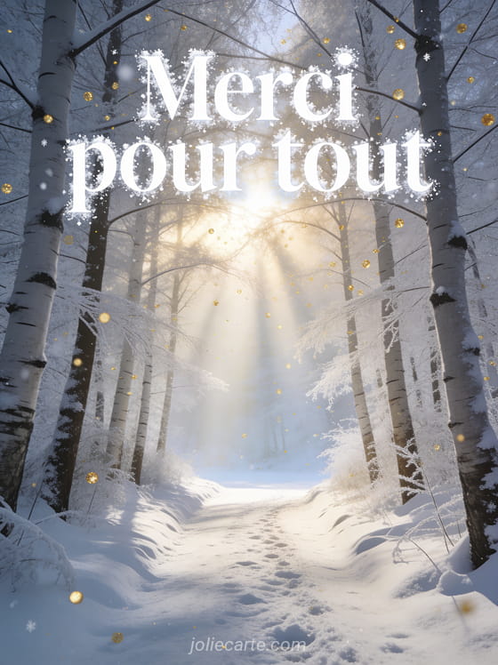 Texte Merci pour tout en lettres blanches avec un chemin bordé de bouleaux givrés menant vers une clairière lumineuse avec des rayons de soleil d'hiver filtrant entre les branches