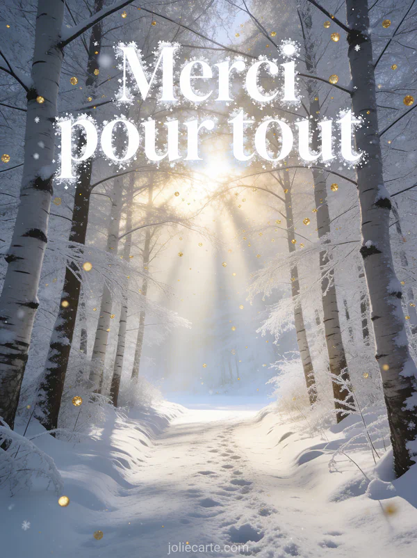 Texte Merci pour tout en lettres blanches avec un chemin bordé de bouleaux givrés menant vers une clairière lumineuse avec des rayons de soleil d'hiver filtrant entre les branches