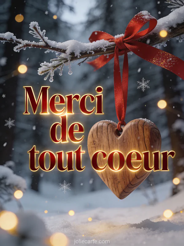 Texte Merci de tout coeur en lettres rouge foncé dorées avec un coeur en bois sculpté accroché à une branche enneigée avec ruban rouge dans une forêt hivernale lumineuse