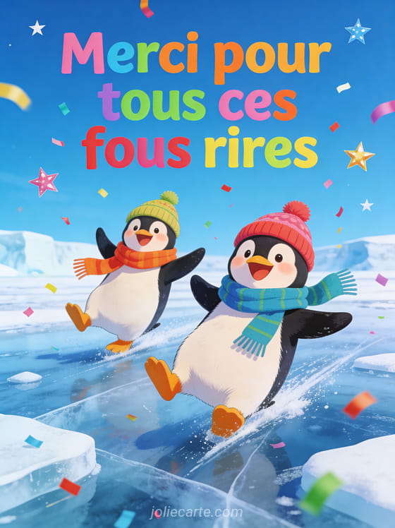 Texte Merci pour tous ces fous rires en lettres colorées vives avec deux pingouins hilares glissant sur la glace avec bonnets et écharpes sous des confettis et étoiles