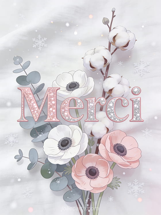 Texte Merci en lettres rose et argent pailletées avec une composition florale hivernale d'anémones blanches et roses avec branches de coton et feuillage d'eucalyptus