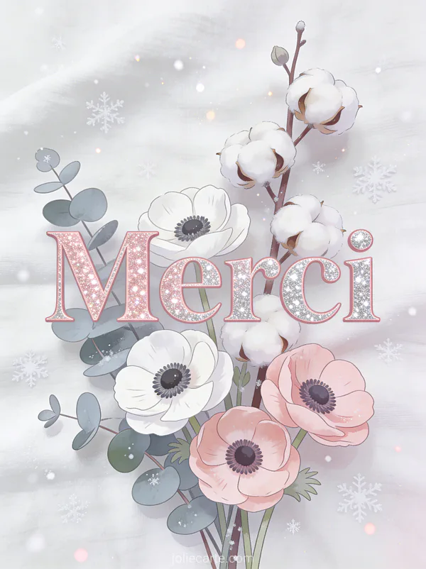 Texte Merci en lettres rose et argent pailletées avec une composition florale hivernale d'anémones blanches et roses avec branches de coton et feuillage d'eucalyptus