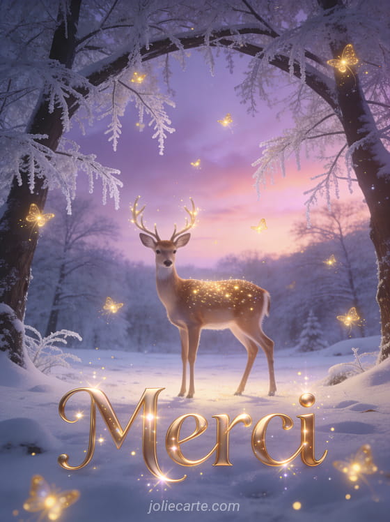 Texte Merci en lettres dorées élégantes scintillantes avec une biche gracieuse dans une clairière enneigée illuminée par des lucioles dorées sous des arbres givrés