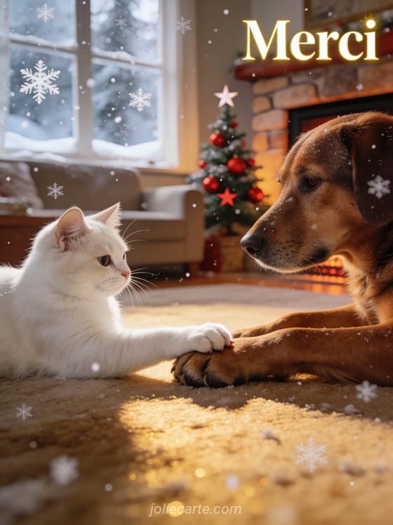 Texte Merci en lettres blanches sobres avec une patte de chat posée sur une patte de chien devant une cheminée et un sapin décoré dans un salon chaleureux style photoréaliste