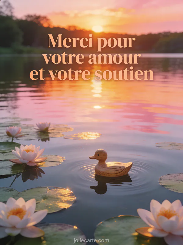 Coucher de soleil sur un lac calme avec reflets roses et petit canard en bois flottant parmi les nénuphars