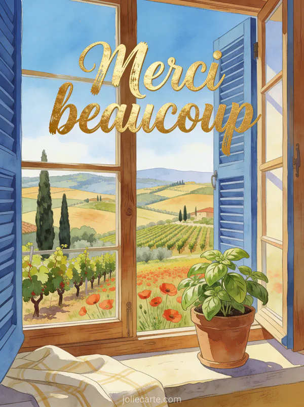 Fenêtre en bois ouverte sur un paysage de collines toscanes avec cyprès vignes et volets bleus