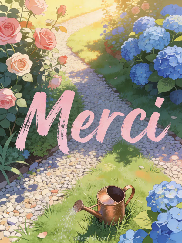 Jardin fleuri vu de haut avec rosiers hortensias bleus et arrosoir en cuivre dans l’herbe