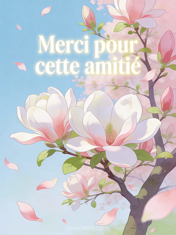 Magnolia en pleine floraison avec grandes fleurs blanches et roses sur fond bleu ciel avec pétales tombants