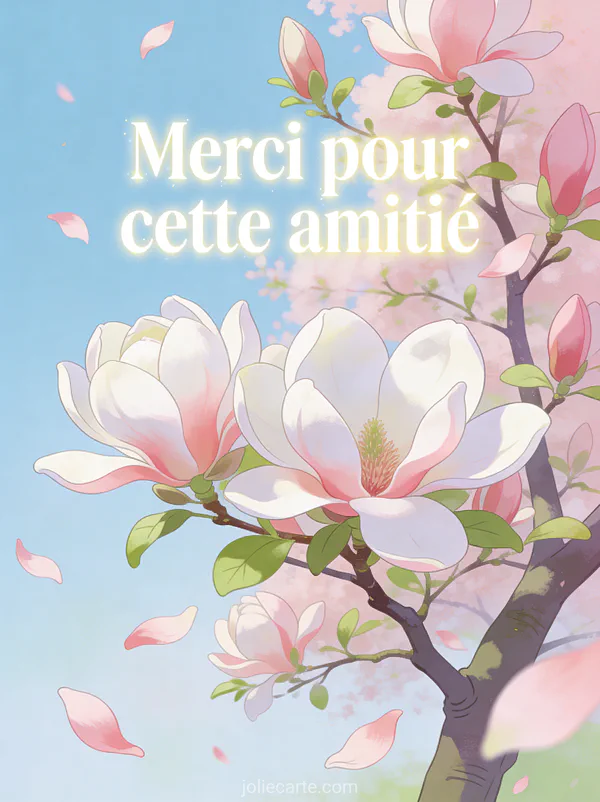 Magnolia en pleine floraison avec grandes fleurs blanches et roses sur fond bleu ciel avec pétales tombants