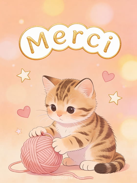 Petit chat tigré jouant avec une pelote de laine rose avec étoiles et coeurs flottants sur fond pêche