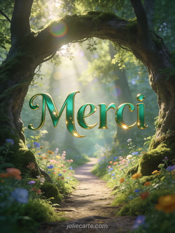 Sentier forestier avec arbres majestueux formant une arche naturelle et rayons de soleil filtrant à travers le feuillage