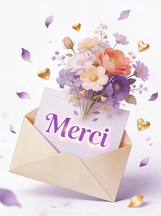 Enveloppe ouverte d’où sortent des fleurs colorées et des petits coeurs dorés sur fond blanc lavande