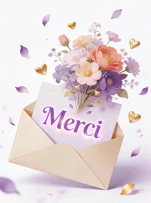 Enveloppe ouverte d’où sortent des fleurs colorées et des petits coeurs dorés sur fond blanc lavande