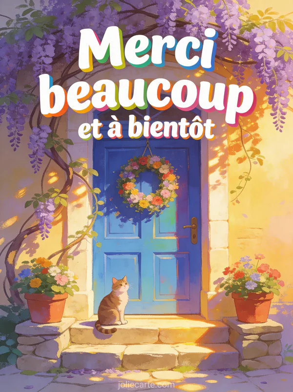 Porte d’entrée bleue avec couronne de fleurs et glycine avec chat assis sur le seuil et lumière dorée