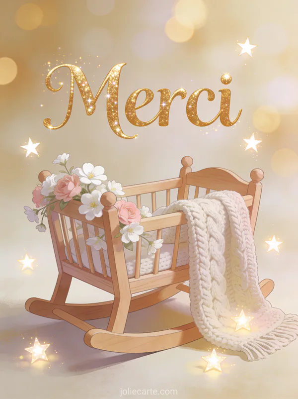 Texte Merci en lettres dorées élégantes scintillantes avec un berceau en bois décoré de petites fleurs blanches et roses une couverture douce et des étoiles lumineuses