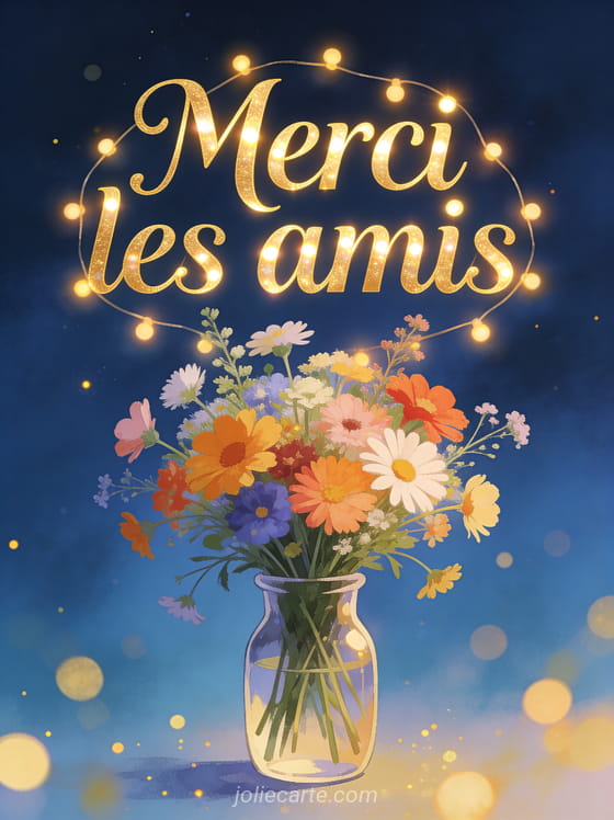 Texte Merci les amis en lettres dorées élégantes avec reflets lumineux et guirlande de lumières chaleureuses autour d'un bouquet de fleurs sauvages colorées sur fond bleu nuit