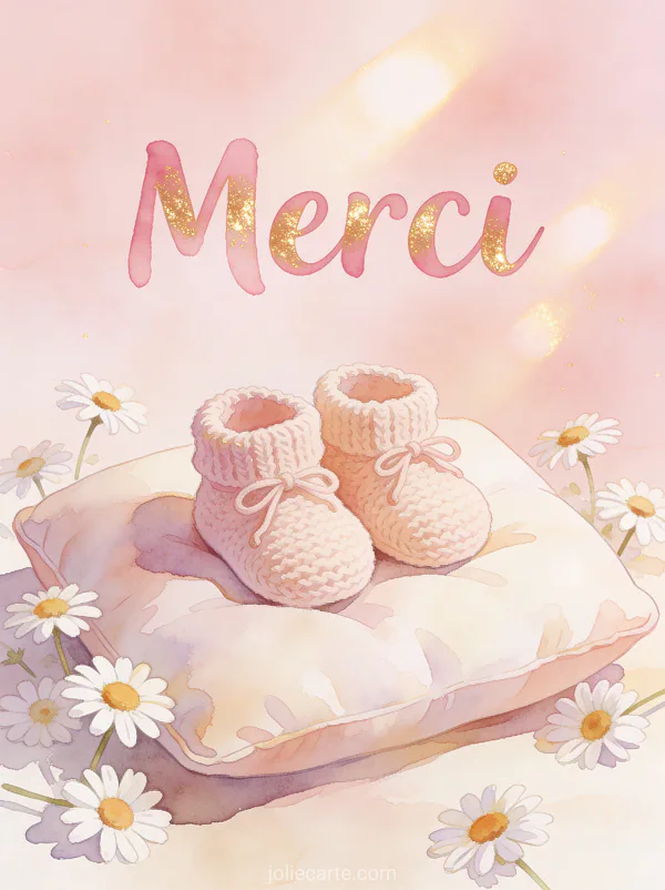 Texte Merci en lettres aquarelle rose tendre avec reflets dorés des chaussons de bébé en laine posés sur un coussin moelleux entouré de petites marguerites