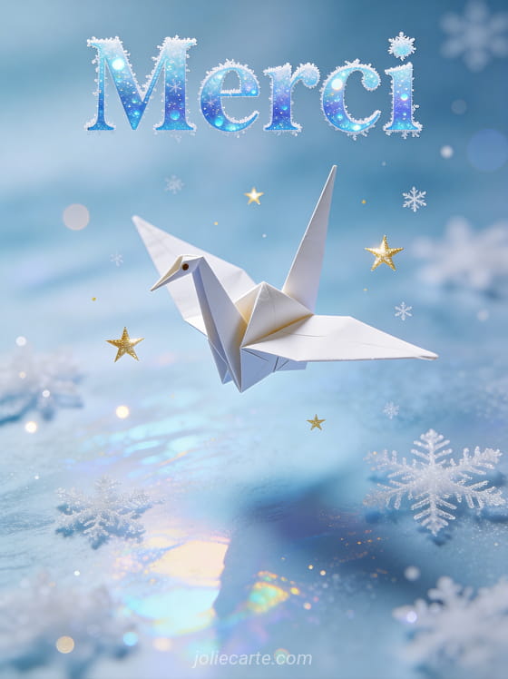 Origami de grue en papier blanc qui vole entouré d’étoiles dorées et flocons de lumière sur fond bleu glacé