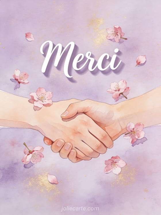 Texte Merci en lettres blanches cursives avec ombre douce illustration aquarelle de mains qui se serrent entourées de fleurs de cerisier roses sur fond pastel lavande
