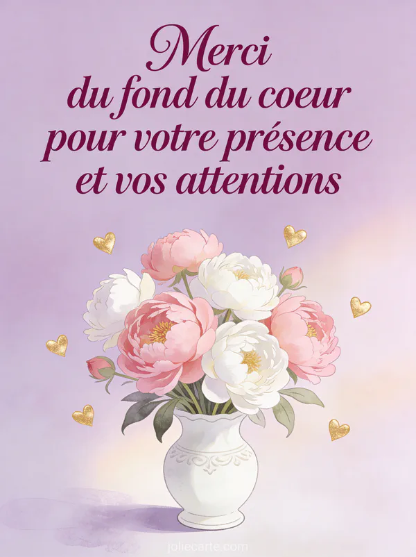 Texte Merci du fond du coeur en lettres cursives couleur prune avec un bouquet de pivoines roses et blanches dans un vase en porcelaine et des coeurs dorés flottants