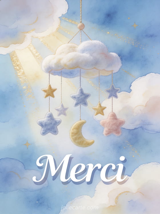 Texte Merci en lettres blanches élégantes avec un mobile de bébé suspendu avec des étoiles et lunes en feutre pastel sur fond bleu ciel avec nuages cotonneux et lumière dorée