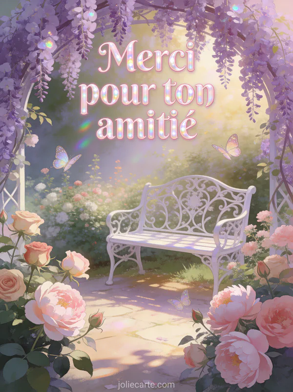 Texte Merci pour ton amitié en lettres rose poudré nacrées avec un jardin fleuri de roses anciennes et pivoines un petit banc en fer forgé blanc sous une arche de glycine mauve