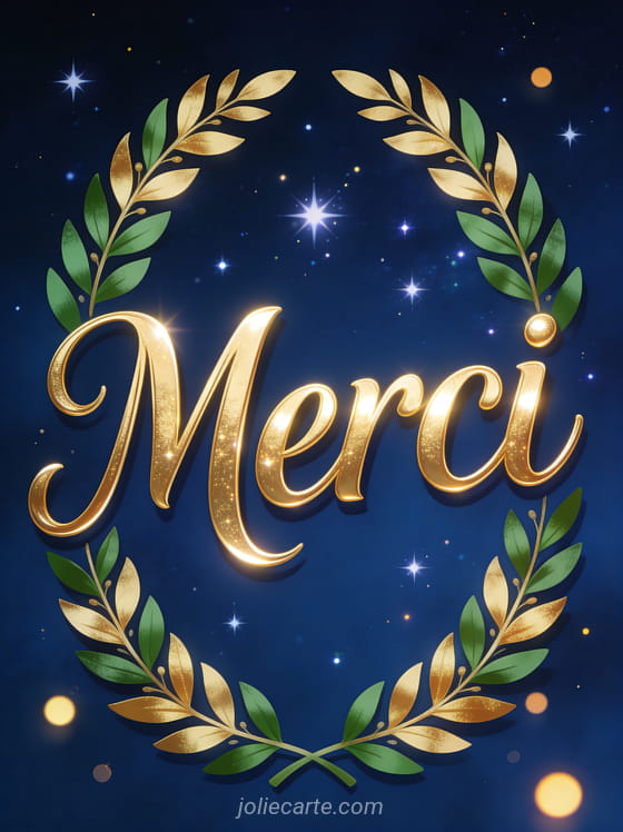 Texte Merci en grandes lettres dorées calligraphiées brillantes avec une couronne de laurier verte et dorée sur fond bleu profond avec étoiles scintillantes et lumières flottantes
