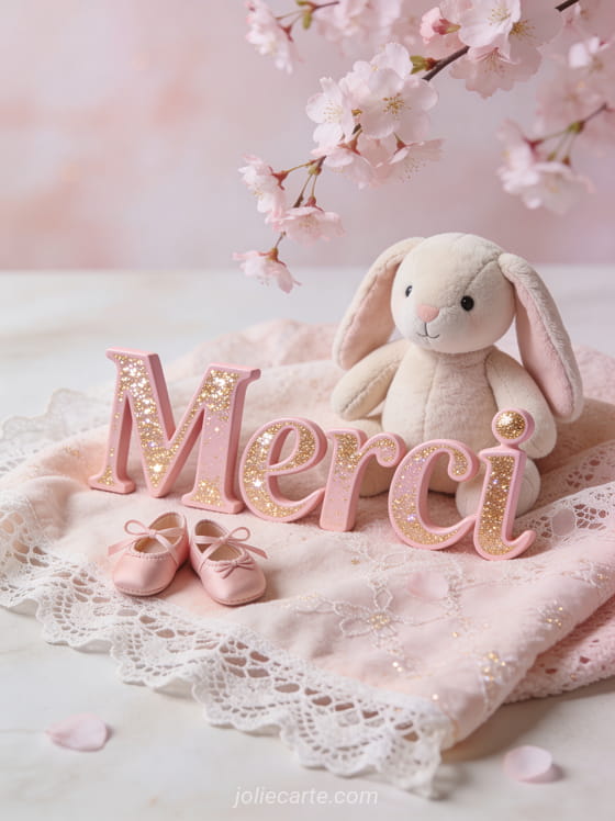 Texte Merci en lettres rose poudré pailletées dorées avec des petites ballerines roses et un doudou lapin posés sur un plaid en dentelle avec des fleurs de cerisier