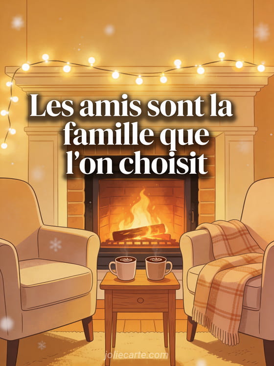 Texte Les amis sont la famille que l'on choisit en lettres blanches élégantes avec une cheminée allumée et deux fauteuils confortables côte à côte un plaid et des tasses de chocolat chaud