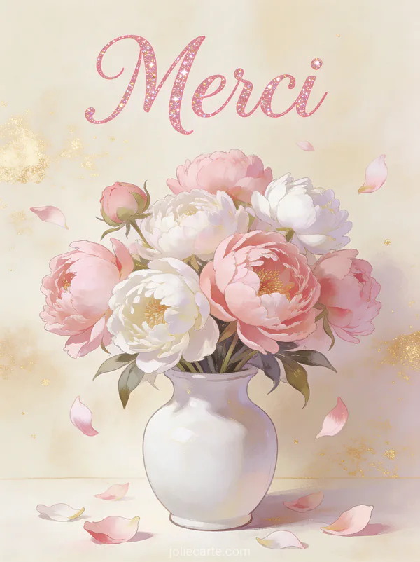 Texte Merci en lettres cursives roses pailletées avec un magnifique bouquet de pivoines roses et blanches dans un vase en céramique blanche avec des pétales qui tombent doucement