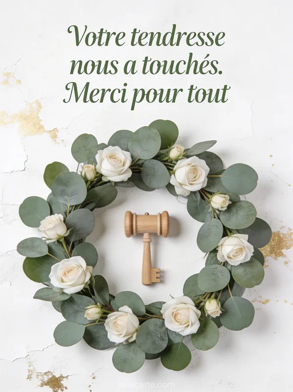 Texte Votre tendresse nous a touchés en lettres manuscrites vert sauge avec une couronne de feuilles d'eucalyptus et petites roses blanches un hochet en bois au centre