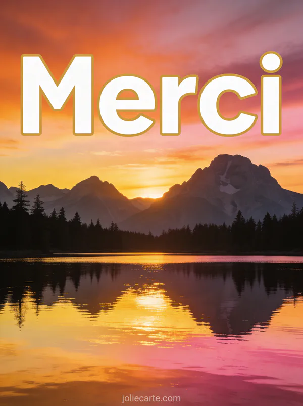 Texte Merci en lettres blanches solides avec contour doré sur un paysage de montagne au lever du soleil avec lac miroir et reflets dorés et roses forêt de sapins en silhouette