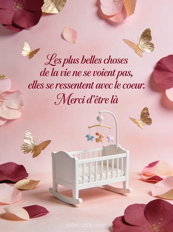 Texte en lettres cursives douces couleur bordeaux avec un petit lit de bébé blanc un mobile musical et des papillons dorés qui volent sur fond rose poudré avec pétales de fleurs