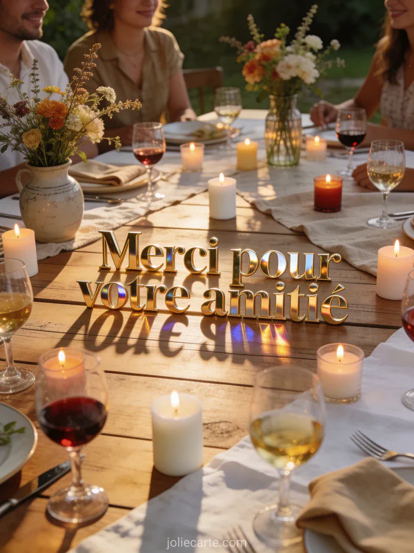 Texte Merci pour votre amitié en lettres dorées classiques avec une grande table en bois décorée pour un repas entre amis bougies allumées verres de vin et bouquets champêtres