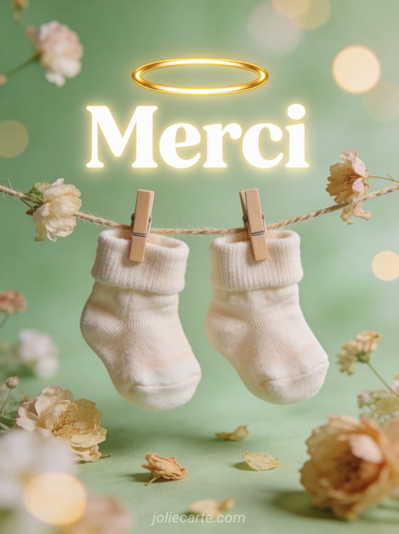 Texte Merci en grandes lettres blanches lumineuses avec un halo doré des petites chaussettes de bébé accrochées à une corde à linge avec fleurs séchées sur fond vert menthe