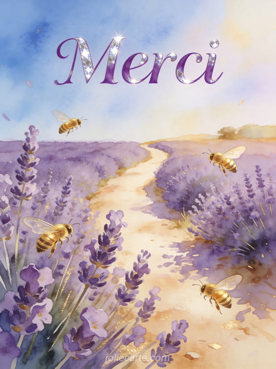 Texte Merci en lettres violettes élégantes avec reflets argentés illustration aquarelle d'un chemin bordé de lavande en Provence ciel bleu lumineux et abeilles dorées