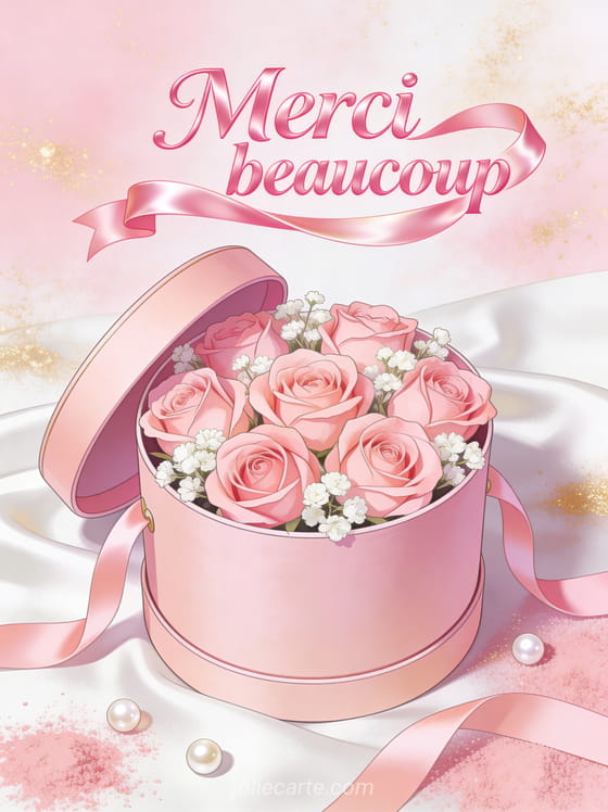 Boîte à chapeau rose ouverte débordant de roses roses avec rubans de soie et perles sur fond rose poudré