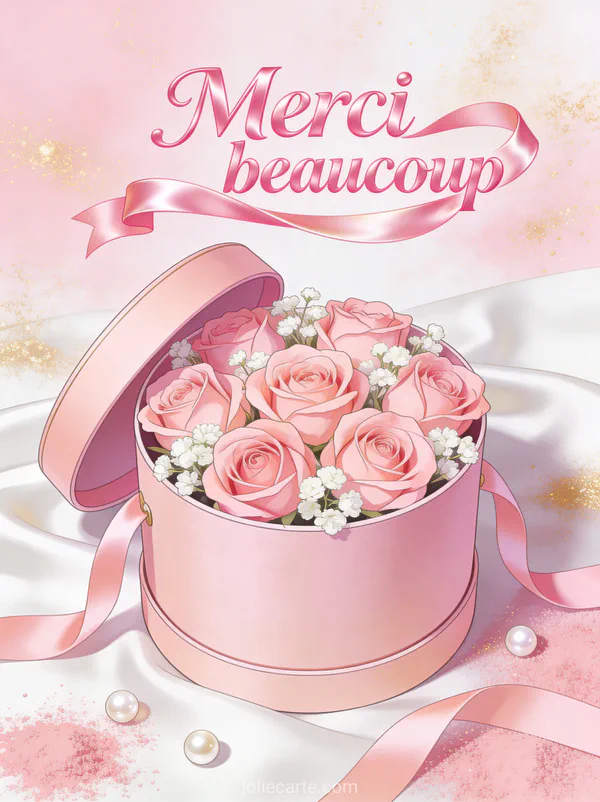 Boîte à chapeau rose ouverte débordant de roses roses avec rubans de soie et perles sur fond rose poudré