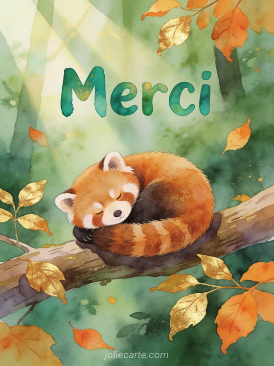 Petit panda roux endormi en boule sur une branche avec feuilles d’automne dorées et orangées