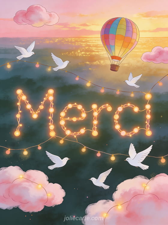 Montgolfière colorée volant dans un ciel de coucher de soleil rose et doré avec oiseaux blancs