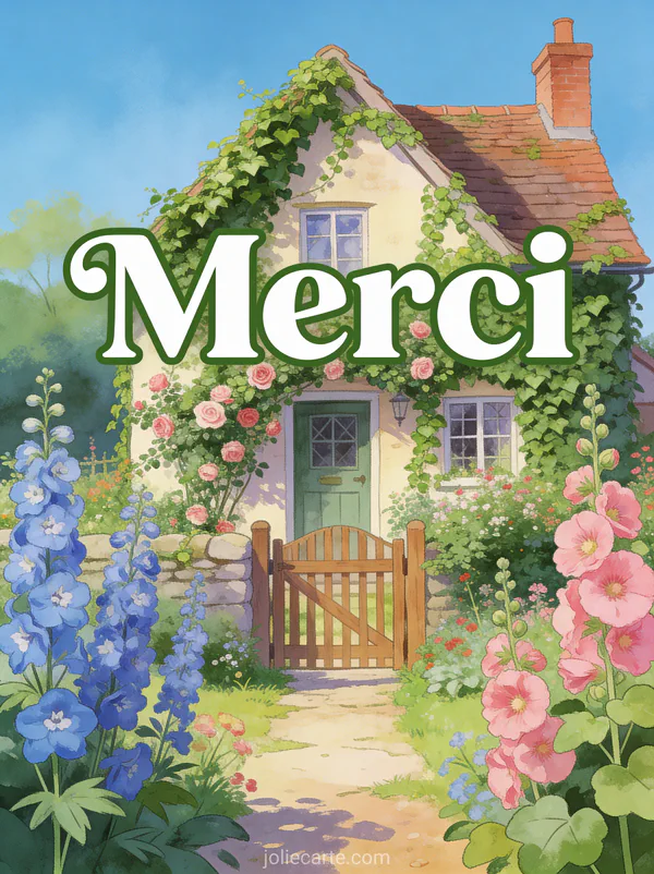 Illustration d'un cottage anglais couvert de lierre et roses grimpantes avec jardin coloré et le texte Merci