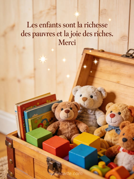 Coffre à jouets en bois ouvert avec peluches cubes et livres colorés et étoiles scintillantes au-dessus