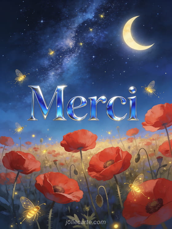 Ciel étoilé avec voie lactée au-dessus d'un champ de coquelicots et lucioles dorées avec le texte Merci
