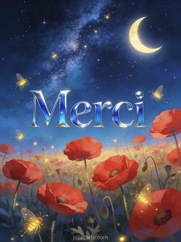 Ciel étoilé avec voie lactée au-dessus d'un champ de coquelicots et lucioles dorées avec le texte Merci