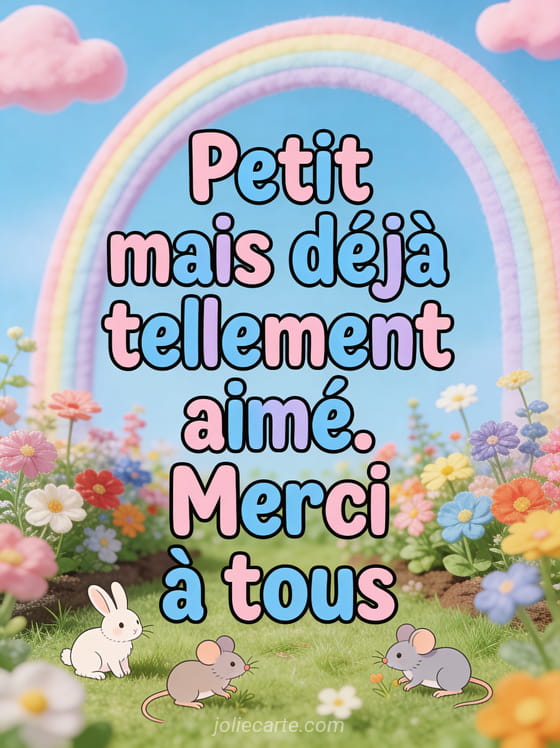 Arc-en-ciel pastel au-dessus d’un jardin fleuri miniature avec petits animaux qui jouent dans l’herbe