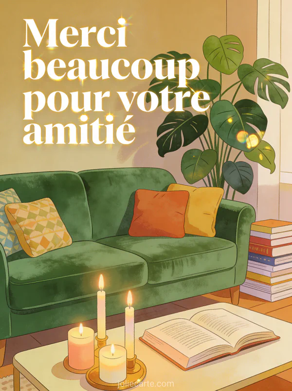 Salon chaleureux avec canapé en velours vert coussins colorés bougies allumées et plante verte